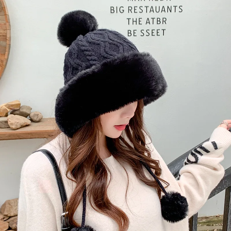 Pamuk ženska zimska kapa krzno pletene pulover tri lopte slatka pliš debele hladne dokaz šešir zeca uha kose Zaštita kape Slika 1