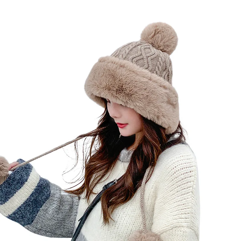Pamuk ženska zimska kapa krzno pletene pulover tri lopte slatka pliš debele hladne dokaz šešir zeca uha kose Zaštita kape Slika 3