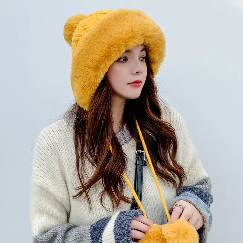 Pamuk ženska zimska kapa krzno pletene pulover tri lopte slatka pliš debele hladne dokaz šešir zeca uha kose Zaštita kape Slika 4