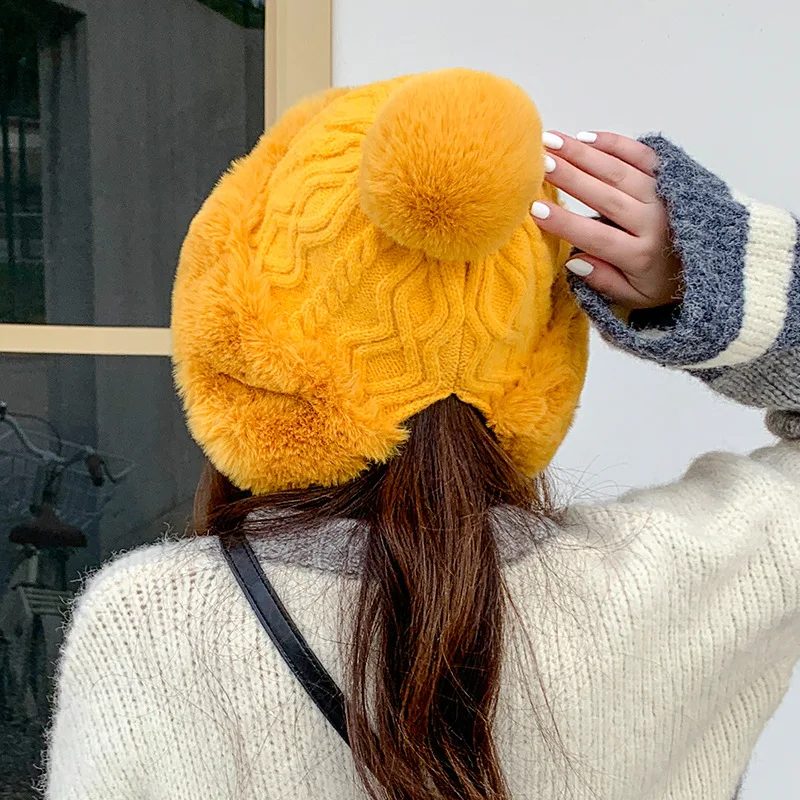 Pamuk ženska zimska kapa krzno pletene pulover tri lopte slatka pliš debele hladne dokaz šešir zeca uha kose Zaštita kape Slika 5