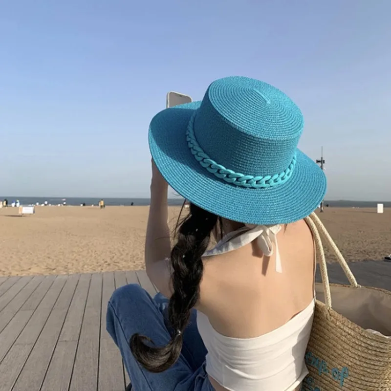 Slamnati šešir boje Tjestenine, солнцезащитная šešir s ravnim krovom, korejski funky boja lanac s cilindrom, akril plaža šešir, солнцезащитная šešir boje karamela Slika 0