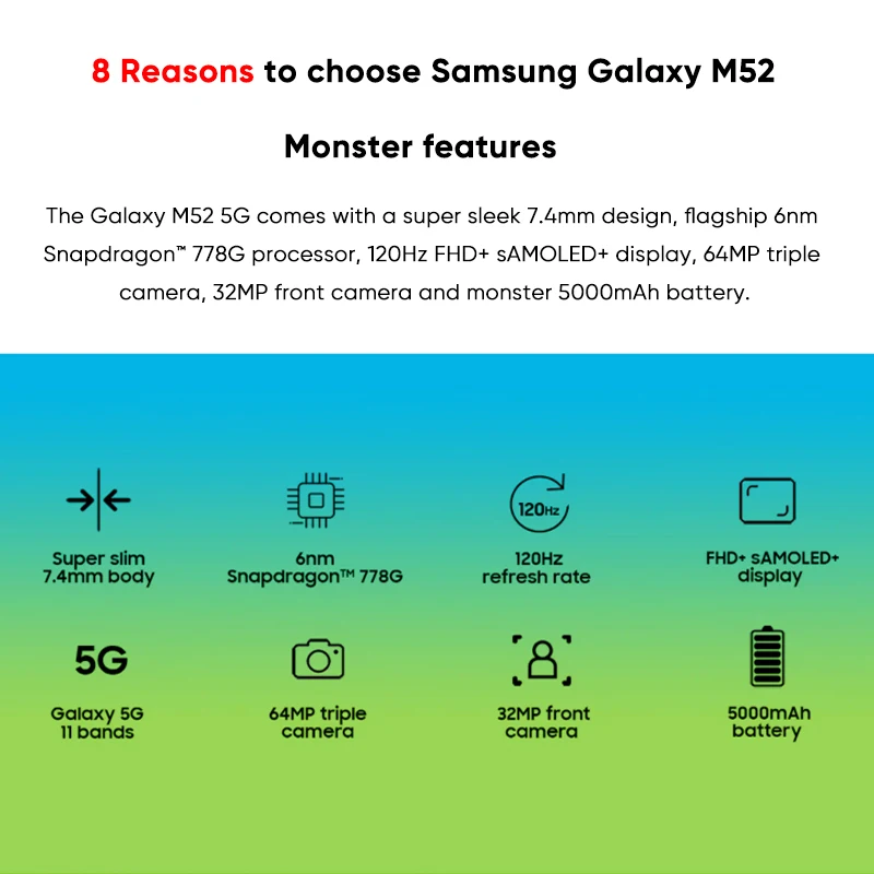 Samsung Galaxy M52 M526bds 5G Smartphone Snapdragon 778G 120 Hz Super AMOLED Plus 64 Mp Trostruki Kamere 5000 mah Baterija za Mobilni telefon Slika 3