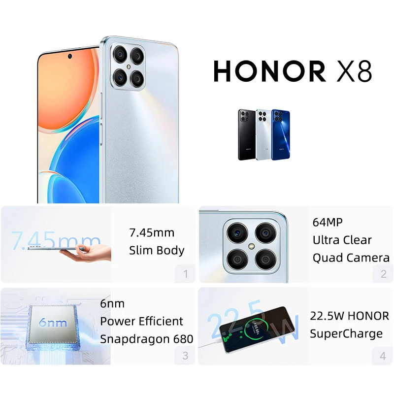 Globalna verzija HONOR X8 Mobilni Telefoni 6 GB, 128 GB i 6,7 inčni Zaslon 4000 mah Snapdragon 680 Mobilni Telefon 64 Mp Kamera Smartphone Slika 4