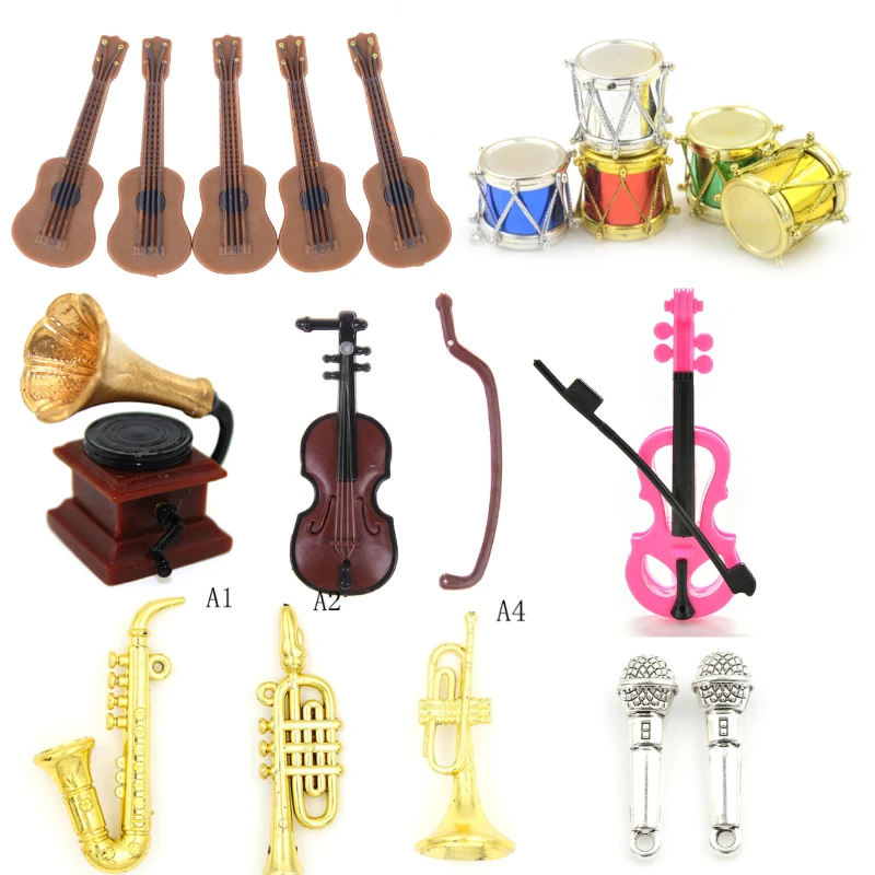 Gitara Violina Saksofon Truba, Bubanj Mikrofon Fonograf Lutka Glazbeni Instrument za Lutke Music Kuća Bar i Pribor za Lutke Slika 3