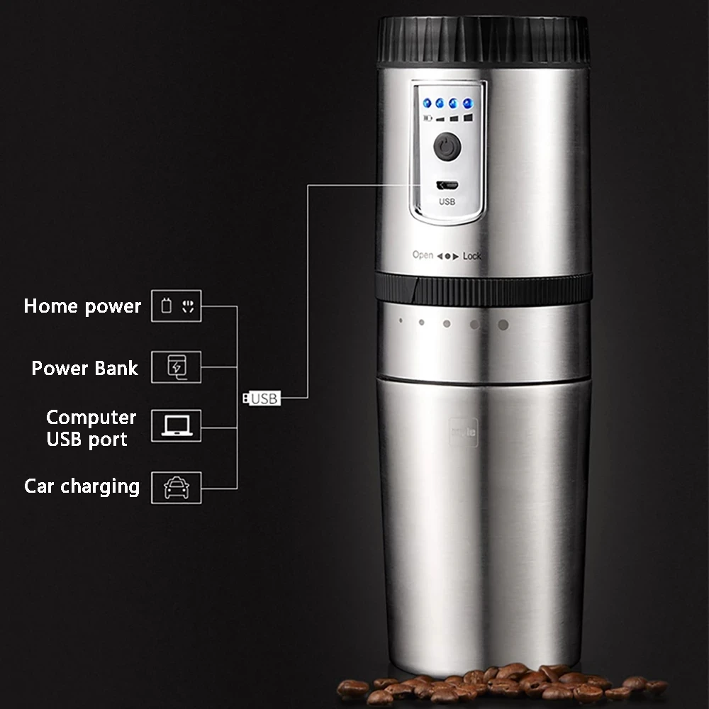 Prijenosni Aparat Za Vozila Bogata Mini-Espresso Stroj je Električni mlin za kavu USB Punjenje Od Nehrđajućeg Čelika Slika 3