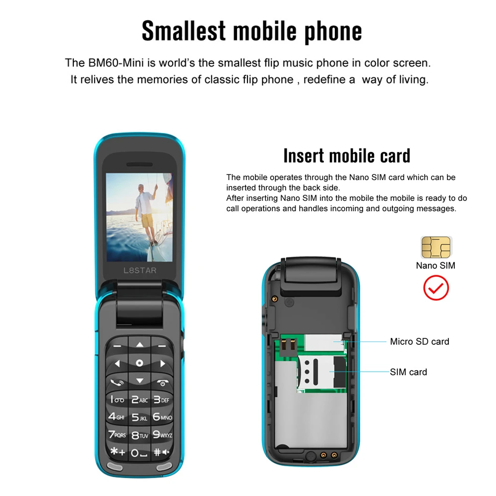 UNIWA 8star BM60 Mini-Phone 2G GSM Flip Mobilni Telefon Bluetooth Brojčanik Mobilni Telefon S Jednim Nano SIM karticom Telefona Čarobni Glas 300 mah Slika 3