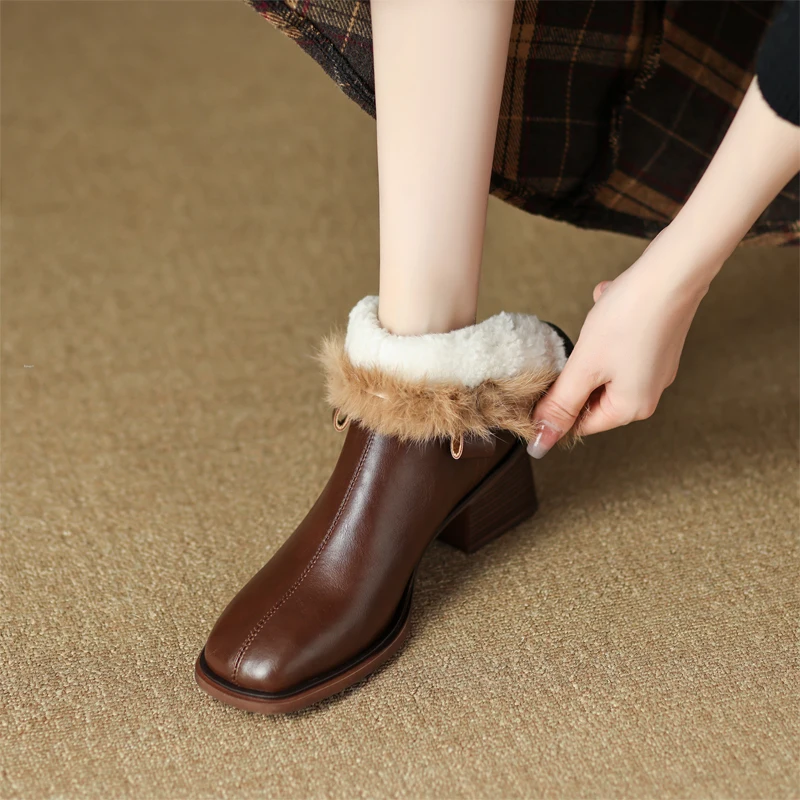 ENMAYER/ Zimske ženske Čizme od prave kože, cipele s niskim petama, trendi Kratke čizme Ins, Funky Zimske cipele, Ženske cipele, Veličina 34-42 Slika 2