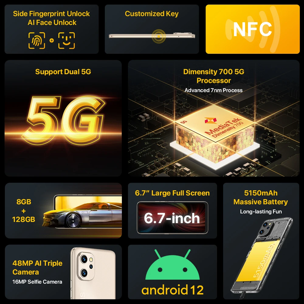 UMIDIGI F3 5G Android 12 Smartphone Dimensity 700 Procesor 6,7 