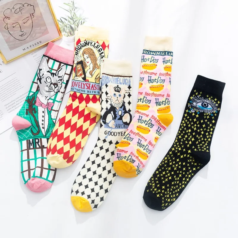 Smiješne Lijepe Čarape za Žene, Japanski Stil, Star Oči, Hot-Dog, Mačka, Djevojka, S Буквенным Uzorkom, Duge Čarape za Skateboard Slika 2