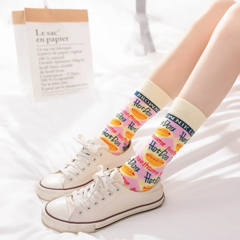 Smiješne Lijepe Čarape za Žene, Japanski Stil, Star Oči, Hot-Dog, Mačka, Djevojka, S Буквенным Uzorkom, Duge Čarape za Skateboard Slika 5