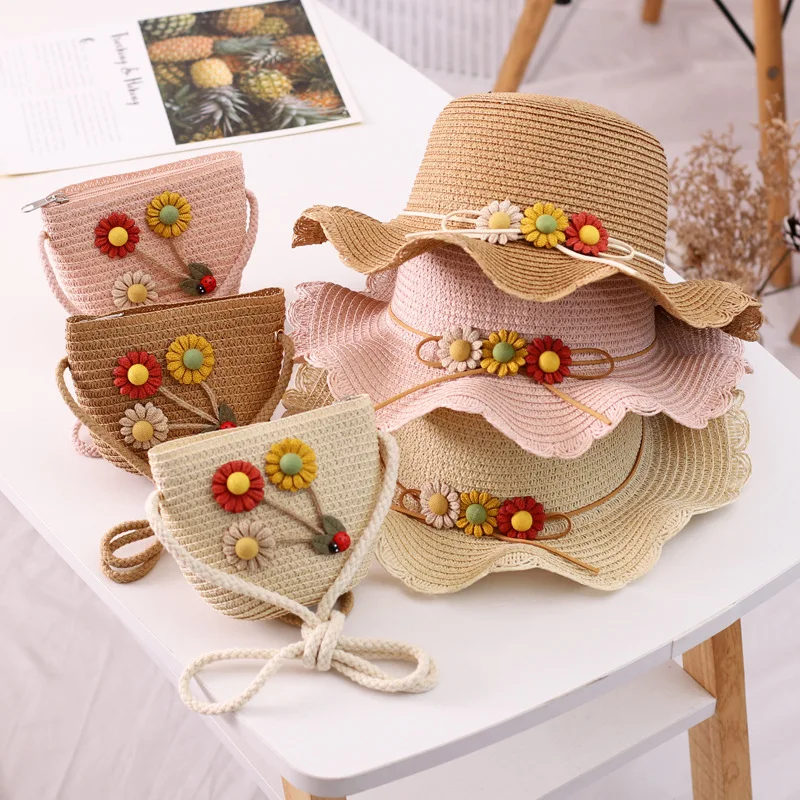 Komplet od dva predmeta, dječje panama s cvjetnim uzorkom od sunca i torbe, Ulica slamnati šešir princeze za djevojčice, šeširi sa zaštitom od uv zračenja, šeširi, torbe Slika 1