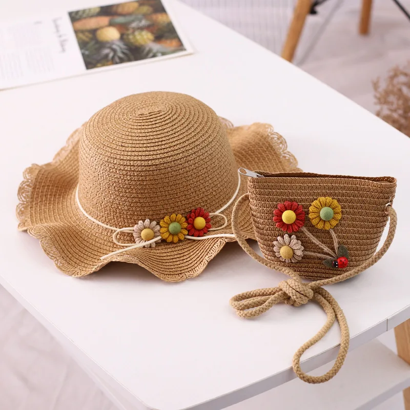Komplet od dva predmeta, dječje panama s cvjetnim uzorkom od sunca i torbe, Ulica slamnati šešir princeze za djevojčice, šeširi sa zaštitom od uv zračenja, šeširi, torbe Slika 2