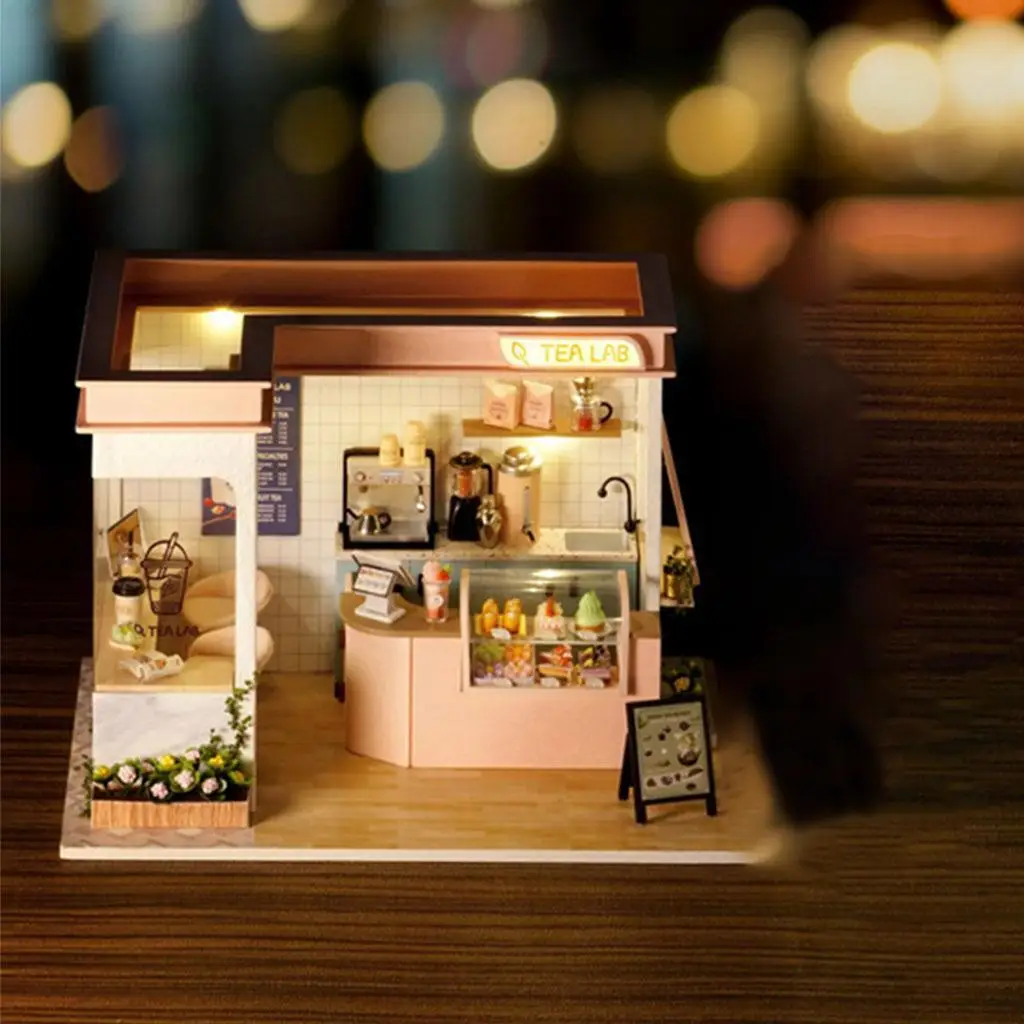 Drveni Shop Mliječne Čaj Kućica za lutke s pozadinskim Osvjetljenjem Caffe Shop Kuća Lutaka Kuća Komplet za Djecu i Odrasle Žene Prijatelje Poklon za Valentinovo Slika 4