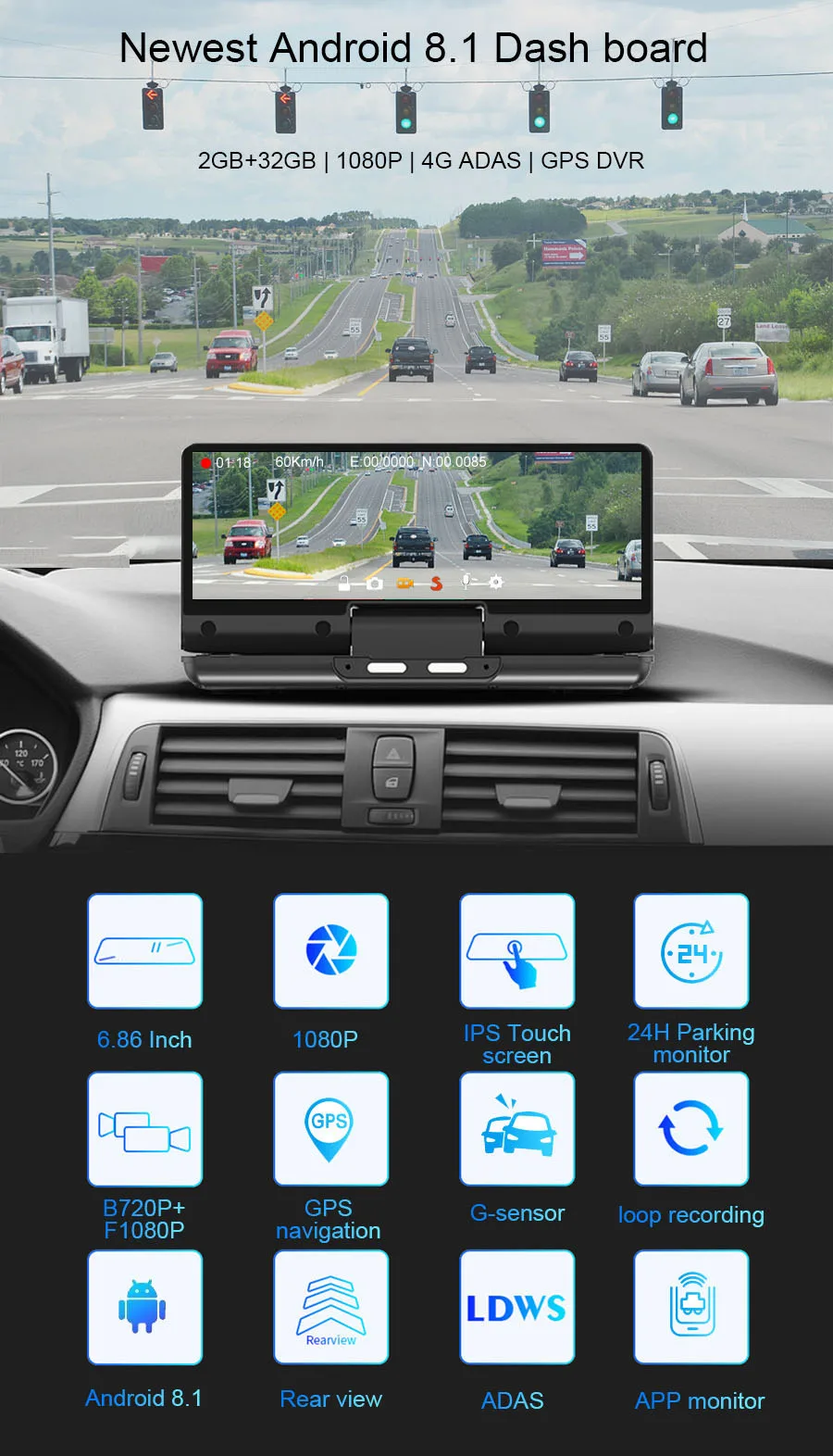 7-Inčni 4 G ADAS Video snimači za Vozila Skladište GPS Navigacija FHD 1080 P WI Fi Android 8,1 Registraciju Vozila Video Rekorderi dva Objektiva Ploči s Instrumentima skladište Slika 5