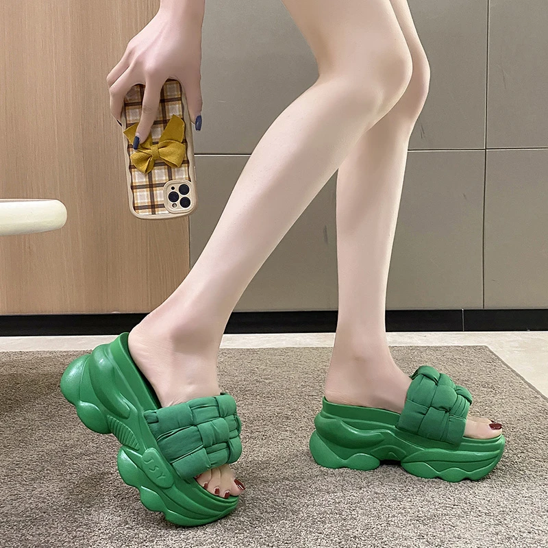 Ljetne ženske papuče, japanke, Ženska Plaža Cipele, Cipele na танкетке, Nove ženske Papuče na visoke platforme, Zelene vanjske sandale, 8 cm Slika 3