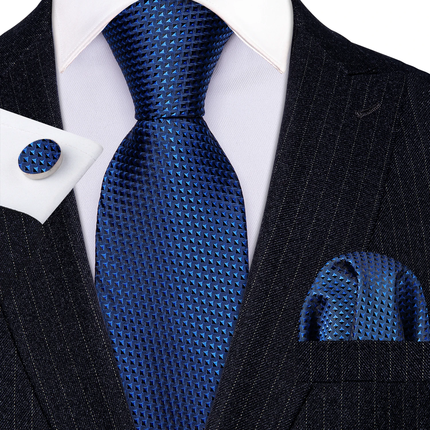 Novi Moderan Luksuzni Plave Geometrijski Svilene Kravate Poklon Za Muškarce Vjenčanje Kravate.Setovi Nosni Rupčići Wang Za Mladoženju Business LN-5313 Slika 1