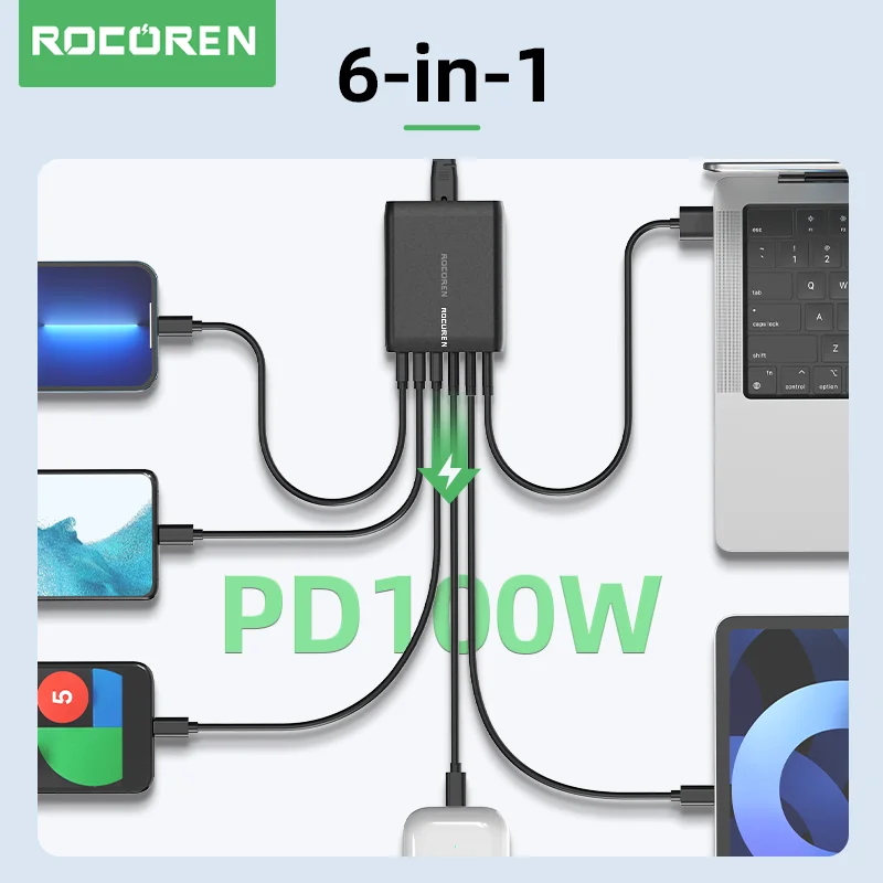 Rocoren GaN 100 W USB Punjač 6 Luka Type C PD Brzo Punjenje Punjač za Brzo Punjenje USBC Desktop Punjač Za iPhone Samsung Xiaomi Slika 1