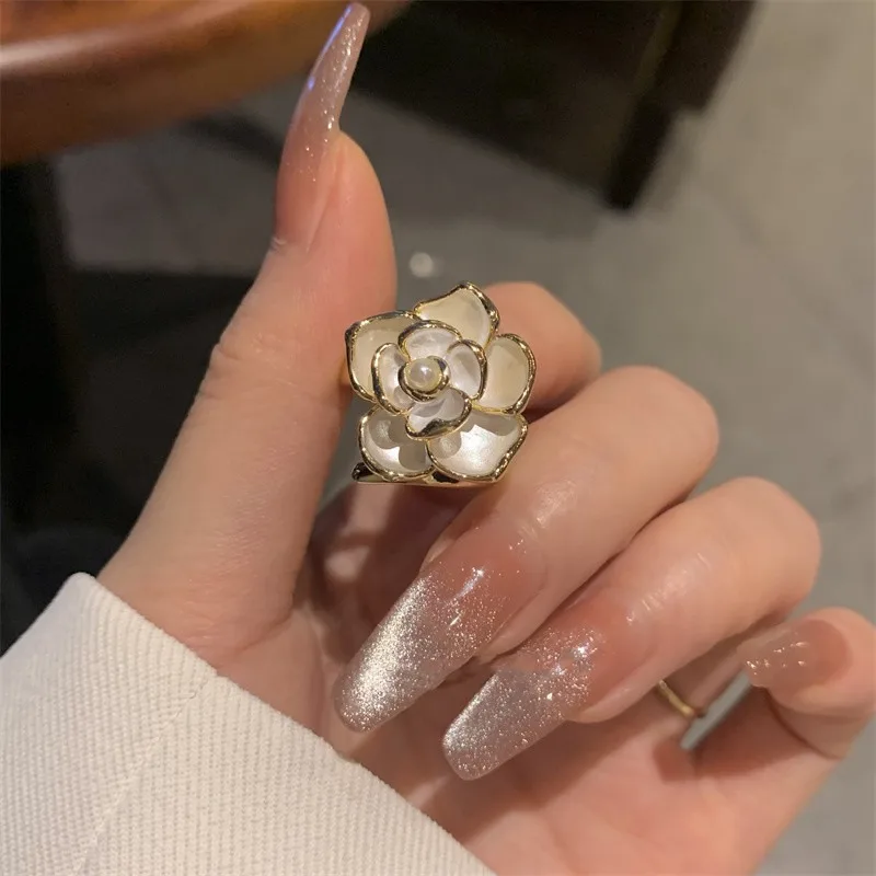 Modni Retro prsten donje japanski i korejski jednostavan cvijet kamelije mali miris lagan luksuzni ulje kap biserna prsten Slika 1