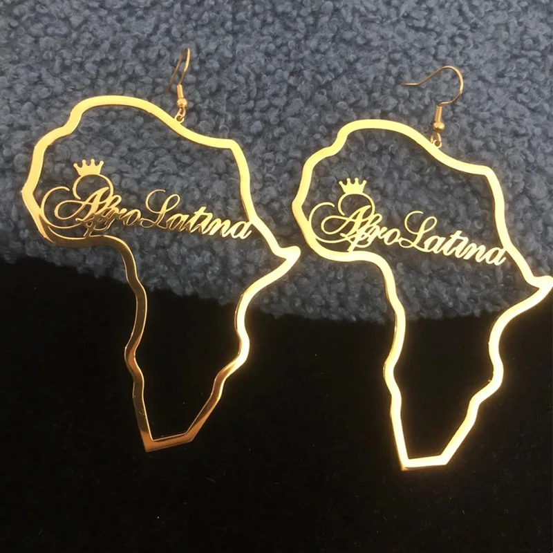 Izrađen Po Mjeri Karta Afrike Crown Ime Naušnice Za Žene Od Nehrđajućeg Čelika Zlatne Boje Punk Viseće Naušnice Trend Afričke Etničke Nakit Poklon Slika 0