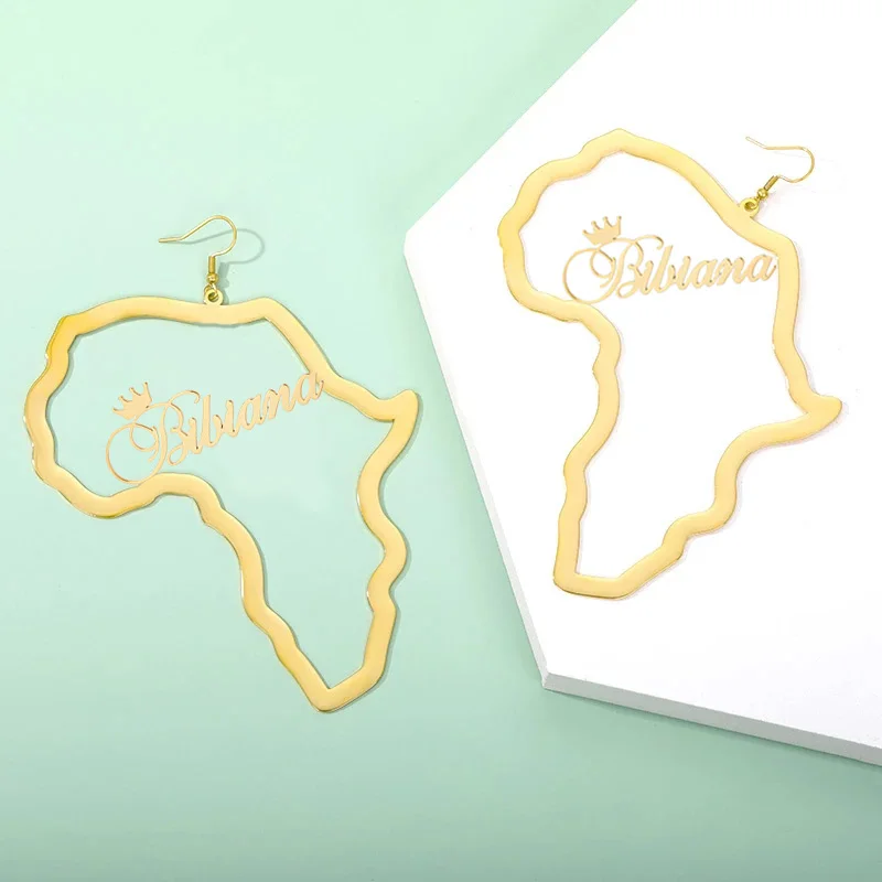 Izrađen Po Mjeri Karta Afrike Crown Ime Naušnice Za Žene Od Nehrđajućeg Čelika Zlatne Boje Punk Viseće Naušnice Trend Afričke Etničke Nakit Poklon Slika 1