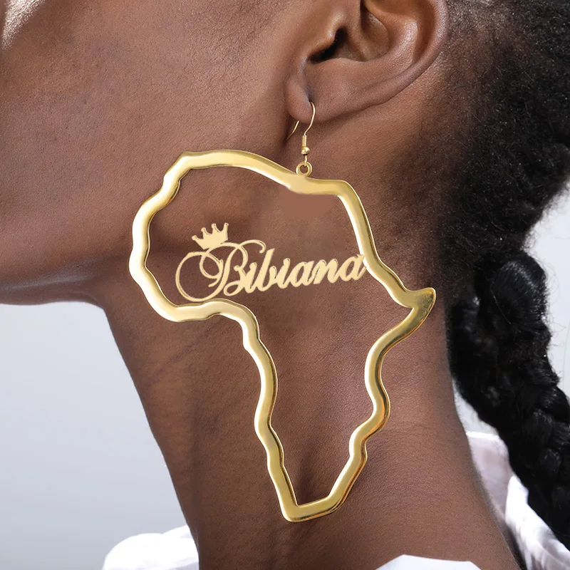 Izrađen Po Mjeri Karta Afrike Crown Ime Naušnice Za Žene Od Nehrđajućeg Čelika Zlatne Boje Punk Viseće Naušnice Trend Afričke Etničke Nakit Poklon Slika 3