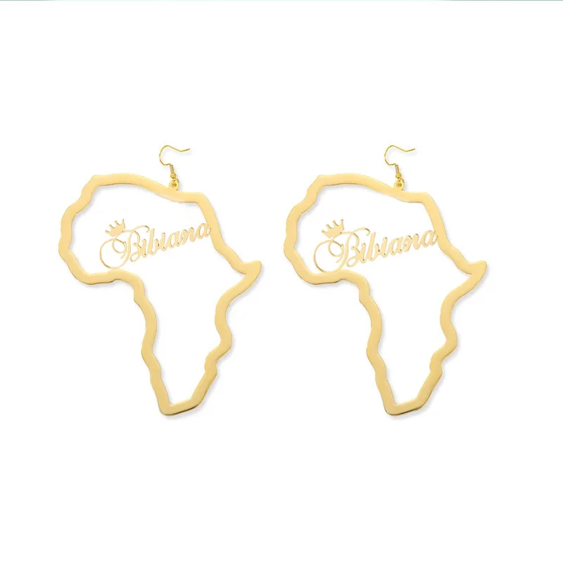 Izrađen Po Mjeri Karta Afrike Crown Ime Naušnice Za Žene Od Nehrđajućeg Čelika Zlatne Boje Punk Viseće Naušnice Trend Afričke Etničke Nakit Poklon Slika 4