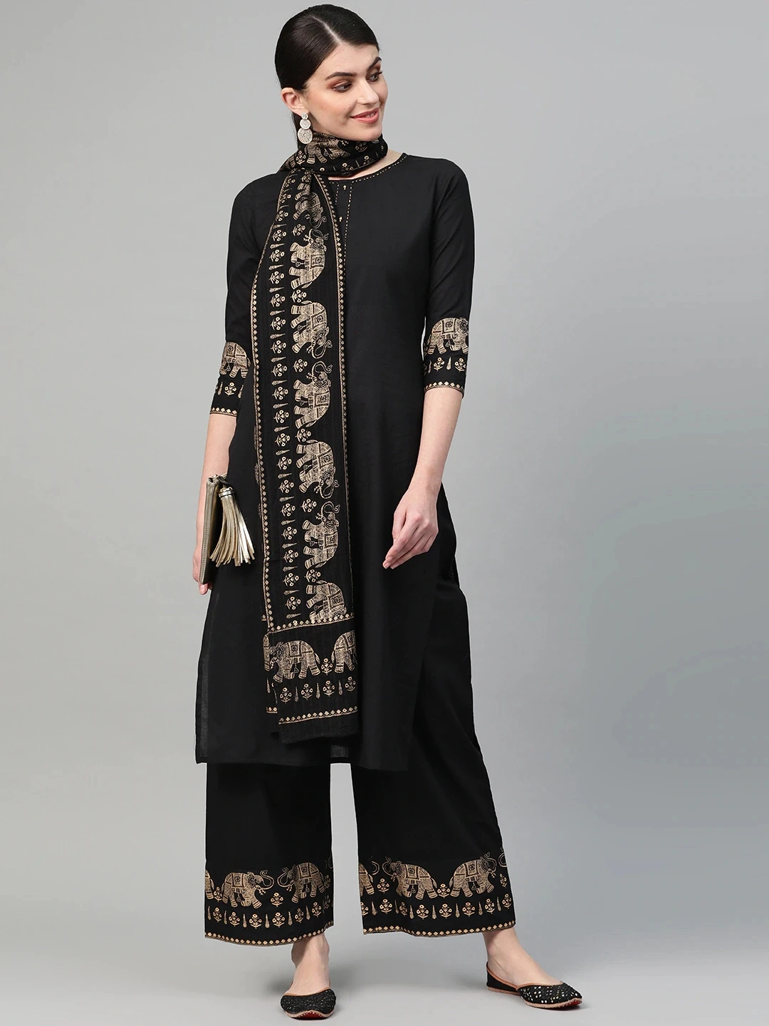 Odijelo punjabi, Indijska Ženska Tradicionalna Odjeća, Set iz 3 predmeta, Pamučne Majice, Hlače, Šal, Crna Pakistanski Odjeća za Žene, Indijska Haljina Slika 2