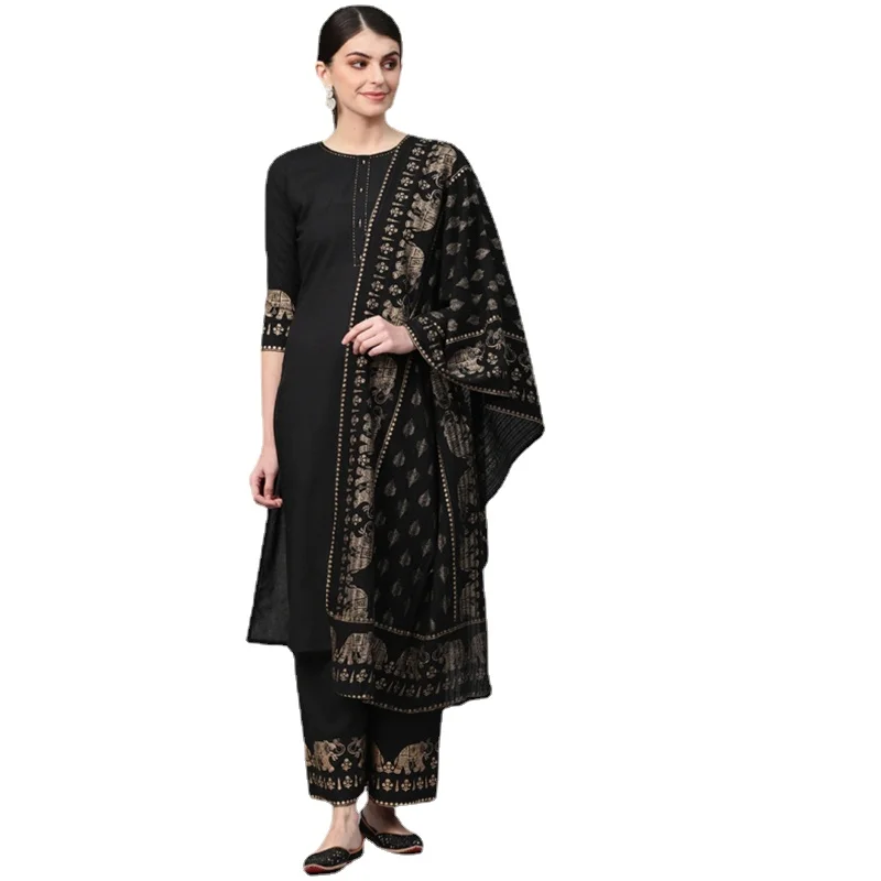Odijelo punjabi, Indijska Ženska Tradicionalna Odjeća, Set iz 3 predmeta, Pamučne Majice, Hlače, Šal, Crna Pakistanski Odjeća za Žene, Indijska Haljina Slika 4