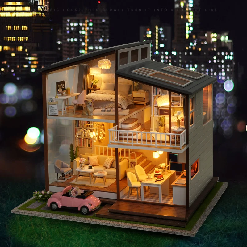 Drveni DIY Kuća Lutaka Minijaturni Namještaj Kuća Lutaka Prikupiti Puzzle 3D Minijaturna Kuća Lutaka Model Setove Igračaka Za Djecu Pokloni Slika 0