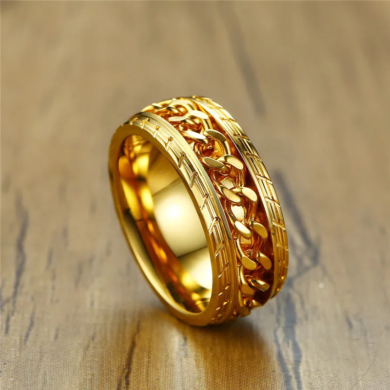Prsten od Nehrđajućeg Čelika ZORCVENS Zlatne Boje 316L za Muškarce s Rotirajućim lancem, Polirani Pribor, Poklon Slika 0