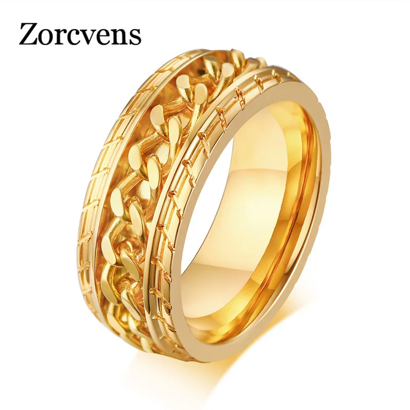 Prsten od Nehrđajućeg Čelika ZORCVENS Zlatne Boje 316L za Muškarce s Rotirajućim lancem, Polirani Pribor, Poklon Slika 2