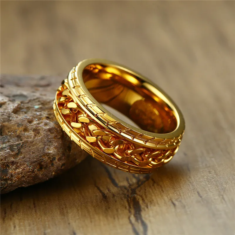 Prsten od Nehrđajućeg Čelika ZORCVENS Zlatne Boje 316L za Muškarce s Rotirajućim lancem, Polirani Pribor, Poklon Slika 3