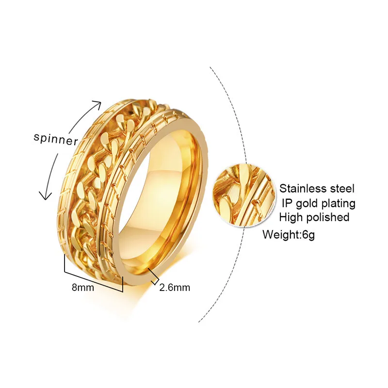 Prsten od Nehrđajućeg Čelika ZORCVENS Zlatne Boje 316L za Muškarce s Rotirajućim lancem, Polirani Pribor, Poklon Slika 4