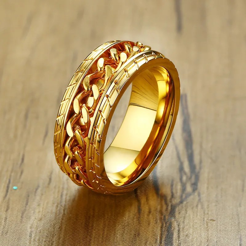 Prsten od Nehrđajućeg Čelika ZORCVENS Zlatne Boje 316L za Muškarce s Rotirajućim lancem, Polirani Pribor, Poklon Slika 5