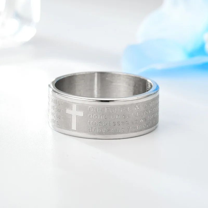 Bxzyrt 8 mm Engleska Slovo Biblijski Križ Prsten Od Nehrđajućeg Čelika Srebrne Molitvene Prsten Za Žene i Muškarce Isus Kršćanske Nakit Slika 4