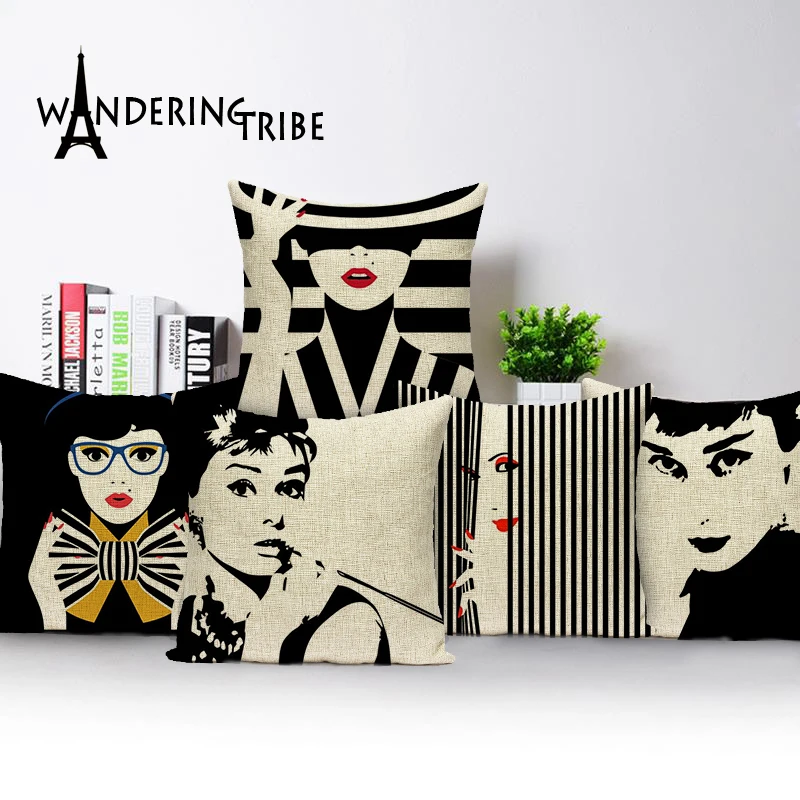 Topla Rasprodaja Audrey Hepburn jastučnicu crna, bijela boja jastučnice jastuk home kauč prilagođene lana ukrasni jastuk pokriva Slika 2