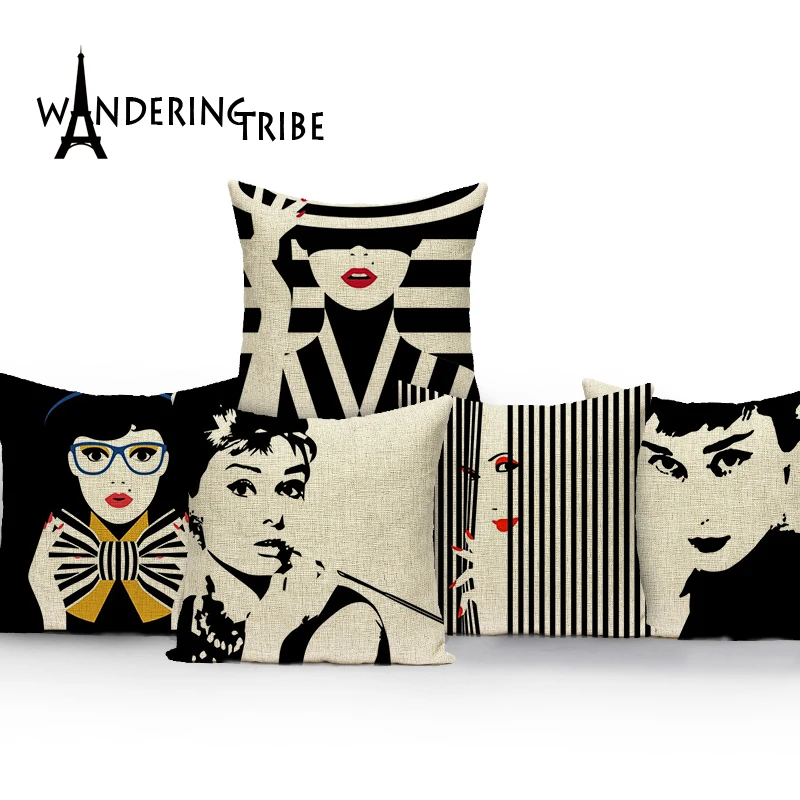 Topla Rasprodaja Audrey Hepburn jastučnicu crna, bijela boja jastučnice jastuk home kauč prilagođene lana ukrasni jastuk pokriva Slika 4