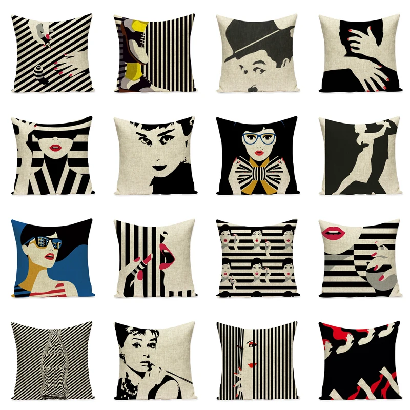 Topla Rasprodaja Audrey Hepburn jastučnicu crna, bijela boja jastučnice jastuk home kauč prilagođene lana ukrasni jastuk pokriva Slika 5