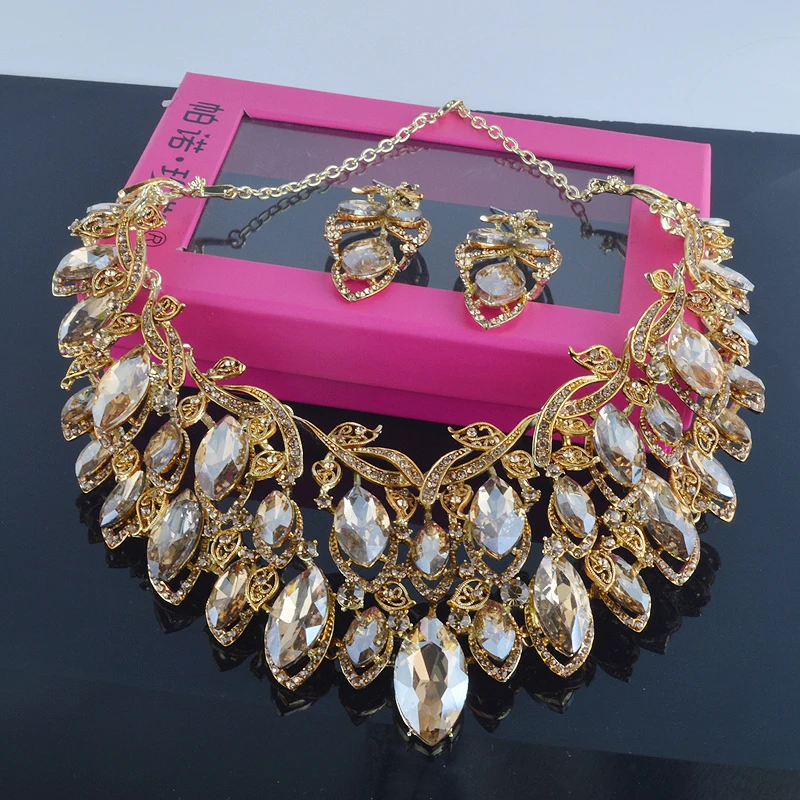 Prekrasna setove ukrasa boje šampanjac za mladence, ogrlica i naušnice za svadbene zurke, modni velike nakit naušnice u Dubaiju Slika 5