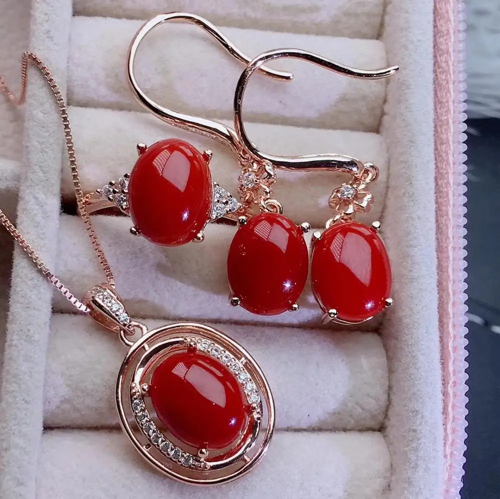 KJJEAXCMY fine jewelry prirodni crveni koralj, 925 sterling silver novi za žene privjesak naušnice, prsten skup podrška testovi luksuzne modne Slika 4