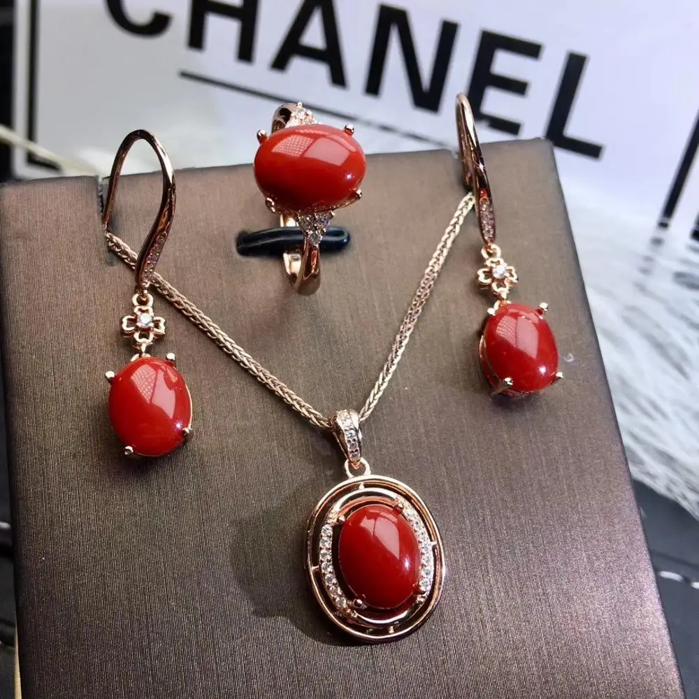 KJJEAXCMY fine jewelry prirodni crveni koralj, 925 sterling silver novi za žene privjesak naušnice, prsten skup podrška testovi luksuzne modne Slika 5