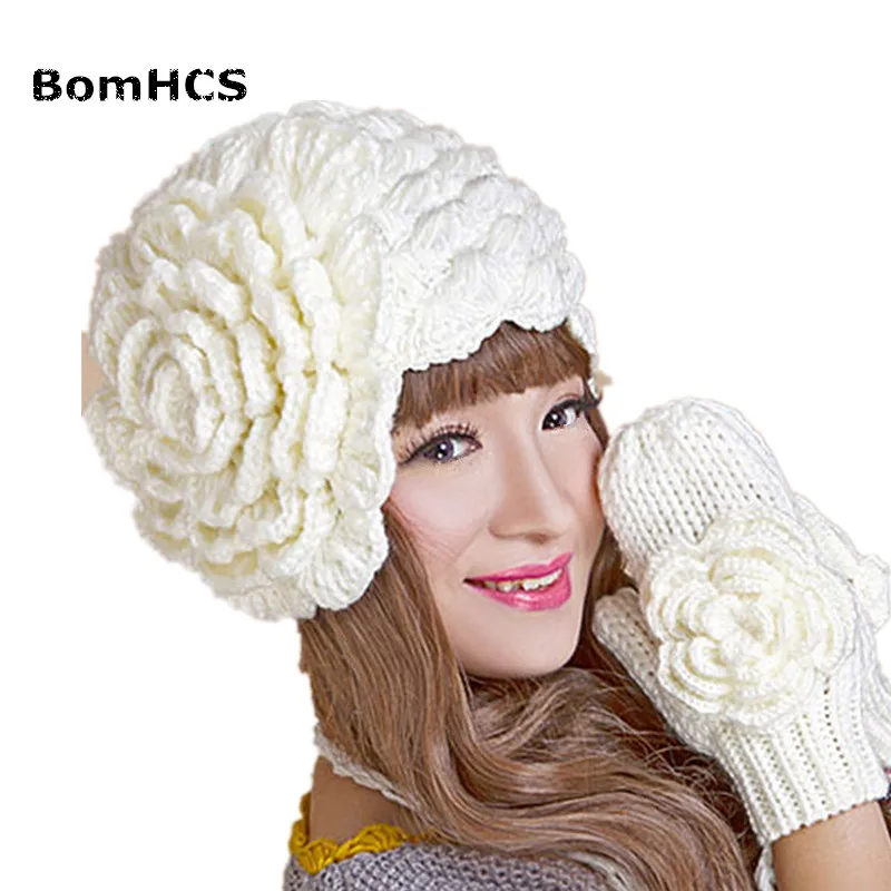BomHCS Zima topla kapa i rukavice, odijelo pleten, kape, rukavice s velikim cvijetom (cijena po kapu ili rukavice) Slika 0