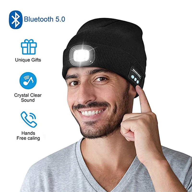 Bluetooth Kapa-Bini s Led pozadinskim osvjetljenjem, Ugrađeni stereo zvučnici, Punjenje preko USB, Wireless Pametna Kapa, Punjiva Вязаная kapa Sa led pozadinskim osvjetljenjem Slika 0