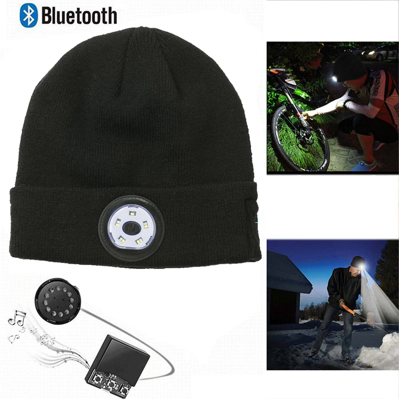 Bluetooth Kapa-Bini s Led pozadinskim osvjetljenjem, Ugrađeni stereo zvučnici, Punjenje preko USB, Wireless Pametna Kapa, Punjiva Вязаная kapa Sa led pozadinskim osvjetljenjem Slika 1