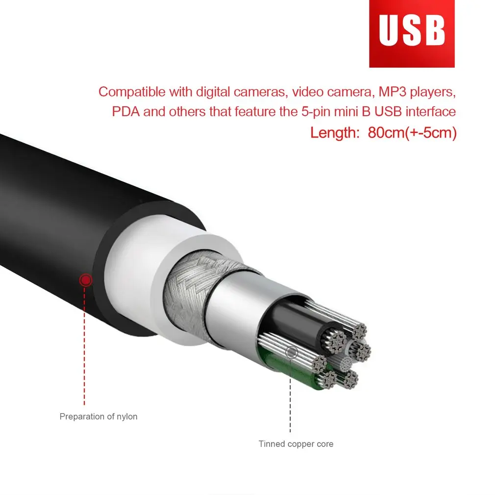 High-speed 80 cm USB 2.0 Priključak A za Mini B 5-pinski Kabel Za Punjenje Digitalnih Fotoaparata hot-swap USB Kabel Za Punjenje Uređaja za prijenos Podataka Crni Slika 3
