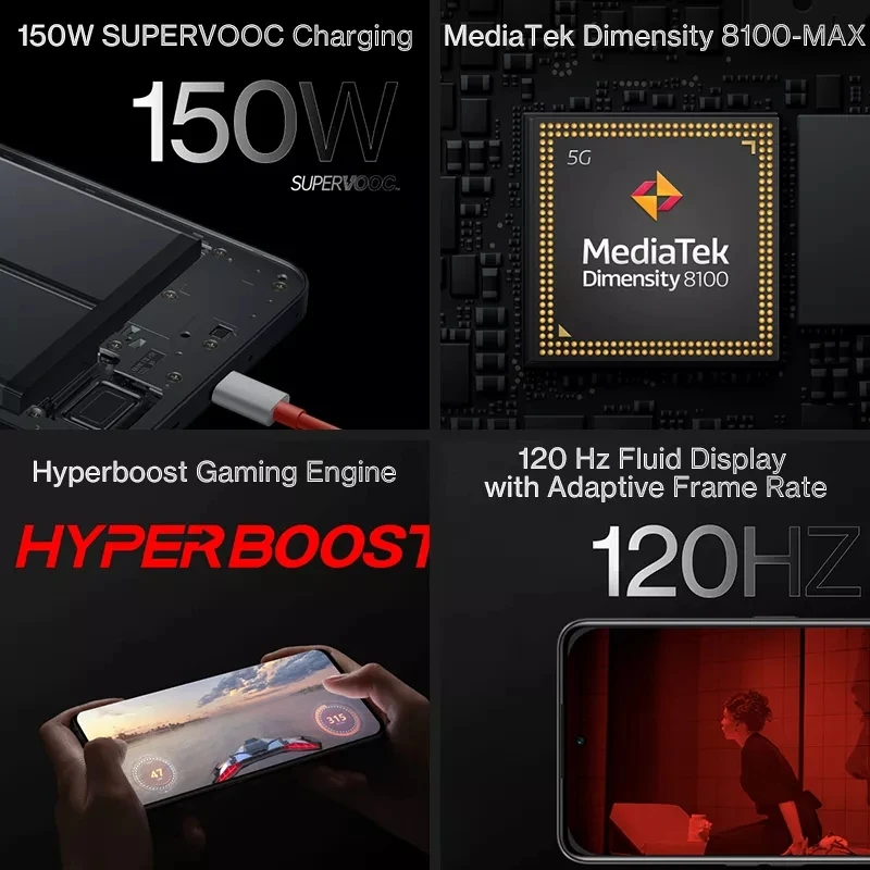 Novi Smartphone OnePlus Ace 5G MTK Dimensity 8100 MAX 150 W, Brzo Punjenje od 120 Hz AMOLED Mobilni Telefoni 50 Mp Trostruka skladište Android 12 Slika 1