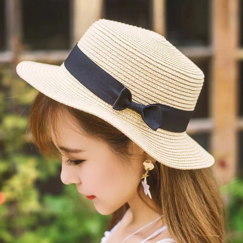 Ženski šešir godišnji britanski mali šešir-cilindar jednostavna slamnati šešir s lukom dječje ulica солнцезащитная šešir s ravnim krovom jazz panama veliko Slika 0