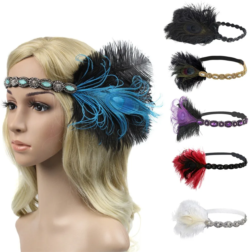 Hairband 1920s Headpiece Feather Flapper Headband Great Gatsby Headdress Vintage Bandeau Femme Pour Cheveux Oštrica Za Kosu Slika 4